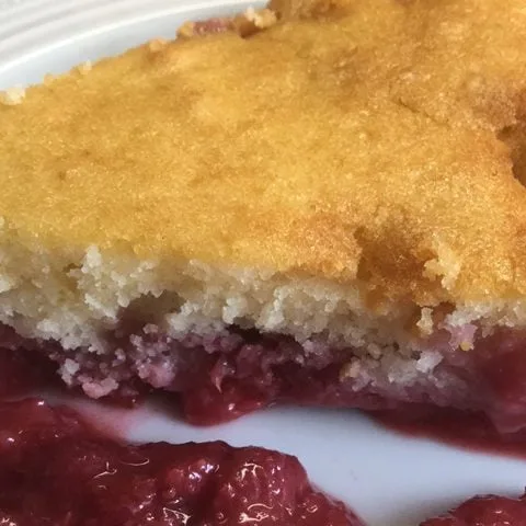 Pouding style grand-maman aux fraises et à la rhubarbe servie dans une assiette blanche.
