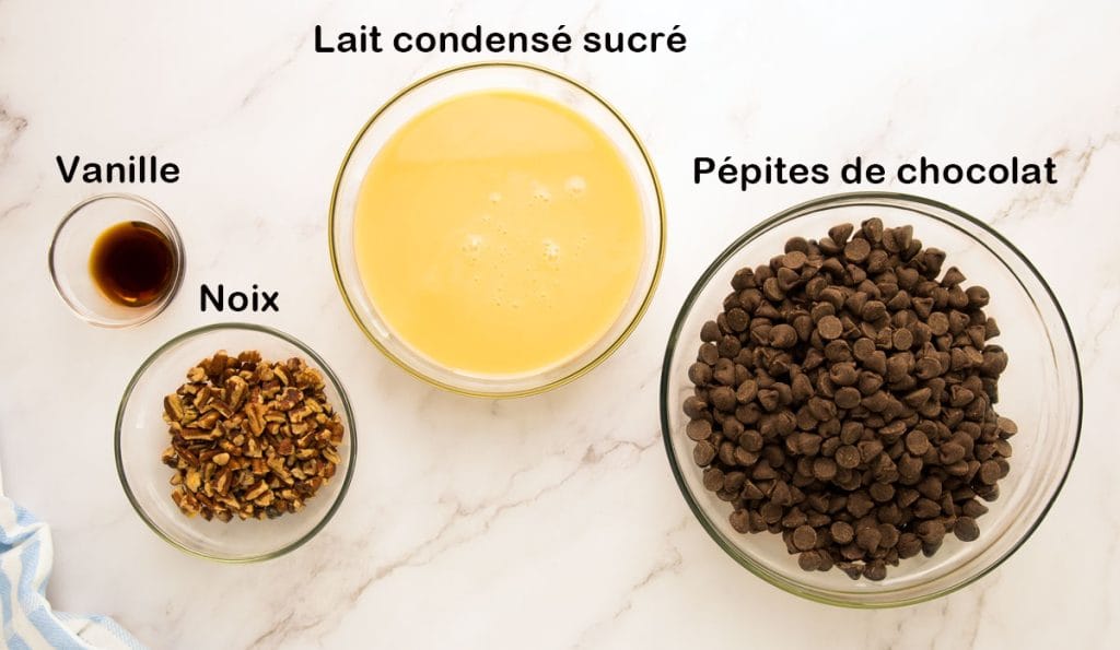 Lait Eagle Brand, pépites de chocolat, noix hachées et vanille dans des bols séparés sur un plan de travail marbre blanc