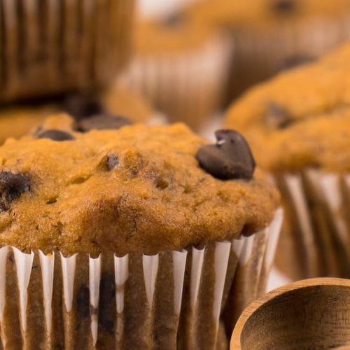 Muffins très moelleux fraîchement sortis du four avec pépites de chocolat sur le dessus